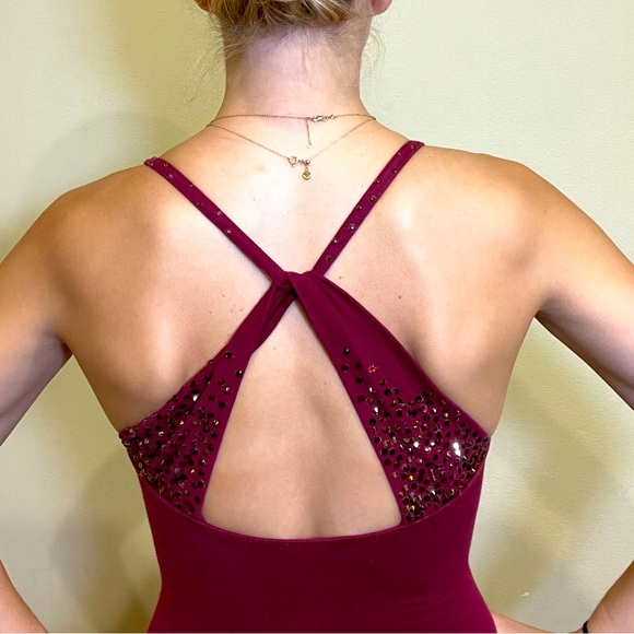 Tops - Leotard with self added crystals Burgundy